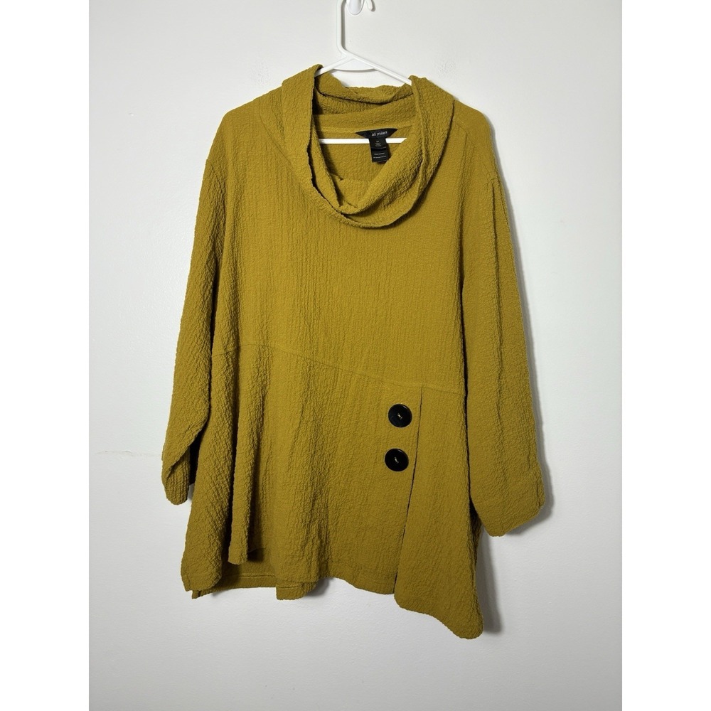Ali Miles 3XL Chartreuse Art To Wear Tunic Top Cowl Neck Textured Fabric